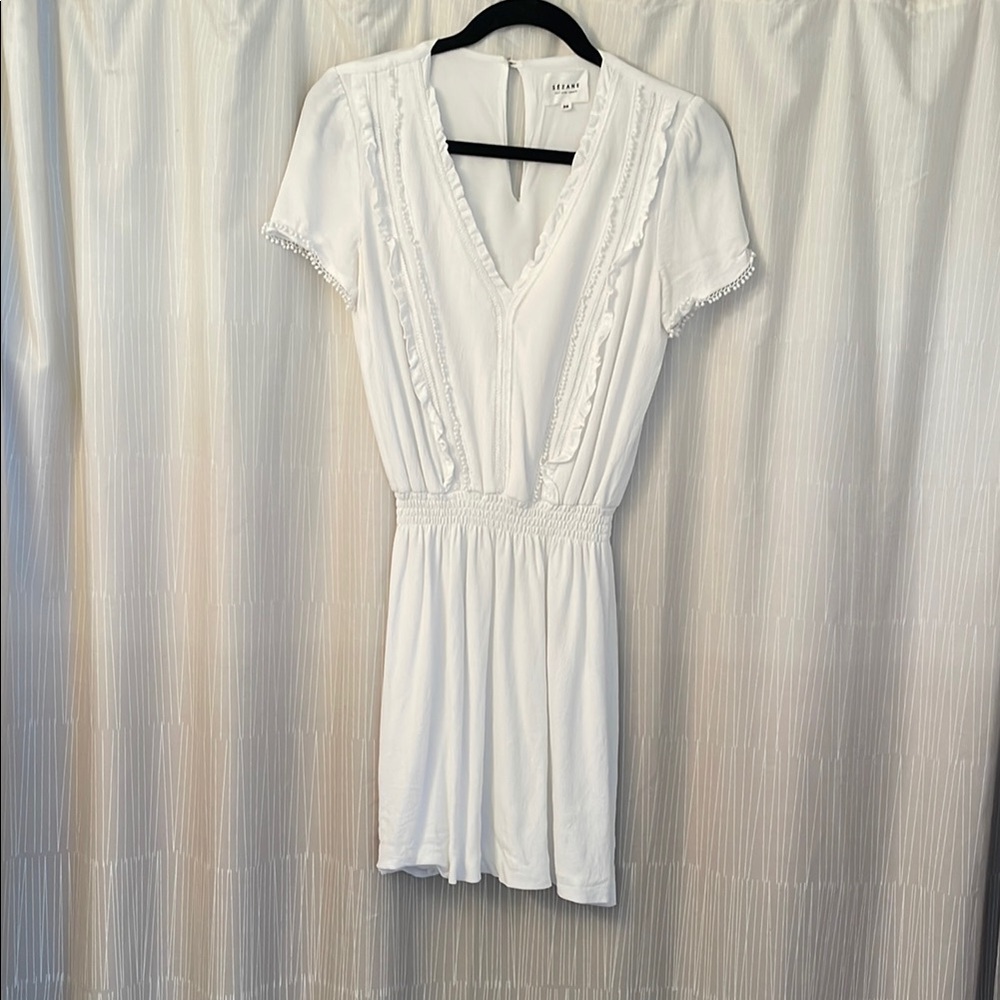 Sezane White Flutter Sleeve V-Neck Sundress